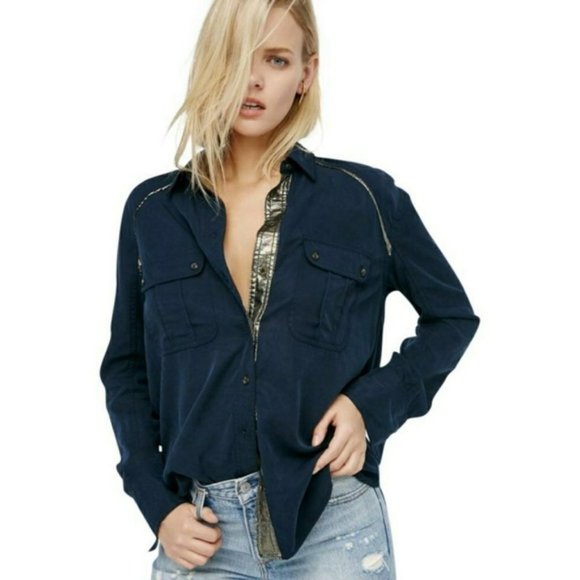 Free People Tops - Free People Off Campus Navy Metallic Button Up XS
